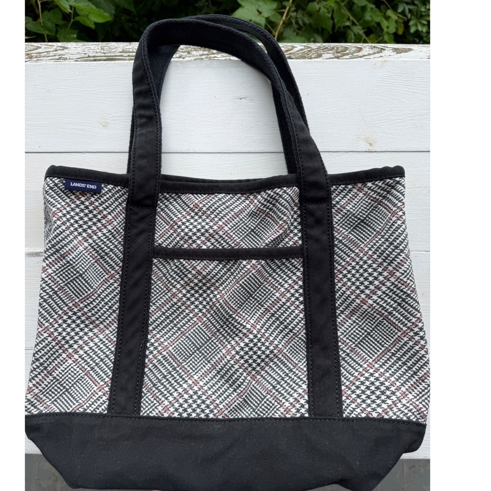 Lands End Canvas Tote Bag Black White Red Plaid Houndstooth Small